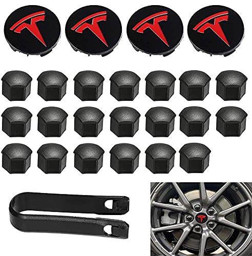 Aero Wheel Cap Kit,Wheel Lug Nut Covers Model 3 Wheel Cap kit with Tesla Logo Hub Center Cover Nut Cover Caps For Tesla Model 3 Model Y (Red 30Pcs)