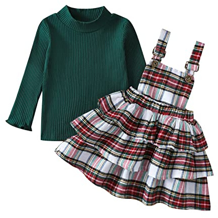 Geagodelia Completo Natalizio per Bambina 2 Pezzi Abito Neonata di Natale Top a Manica Lunga in Tinta Unita + Set di Vestiti con Bretelle a Quadri Vestito per Bambini Natale