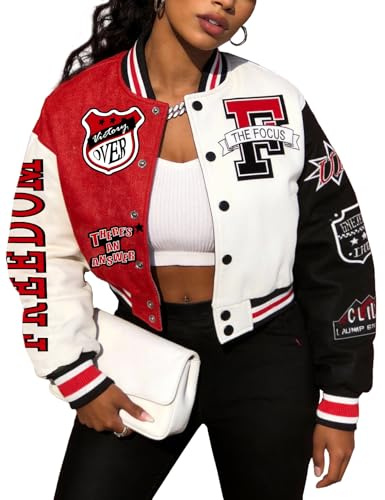 Flygo Women's Cropped Varsity Jacket Baseball Jacket Colorblock Letter Print Y2k Button Down Bomber Uniform, Red, M