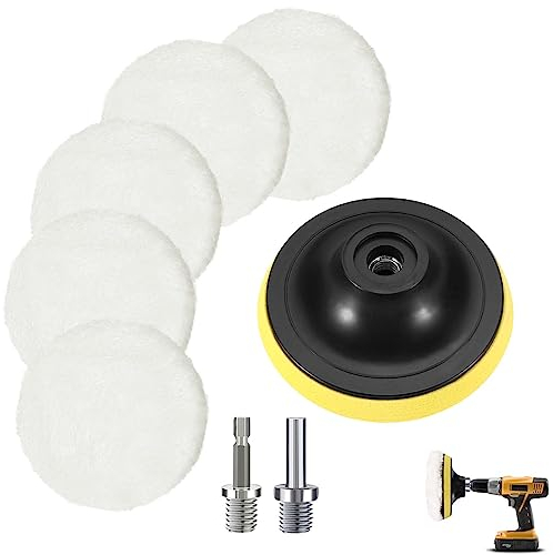 Tamponi per Lucidatura Auto, 75MM Kit Lucidatura Auto Lana, Dischi per Lucidare con M14 Adattatore Trapano e Adattatore Esagonale, per Auto Bellezza Pulizia Lucidatura Ceretta 5 Pezzi (180mm)