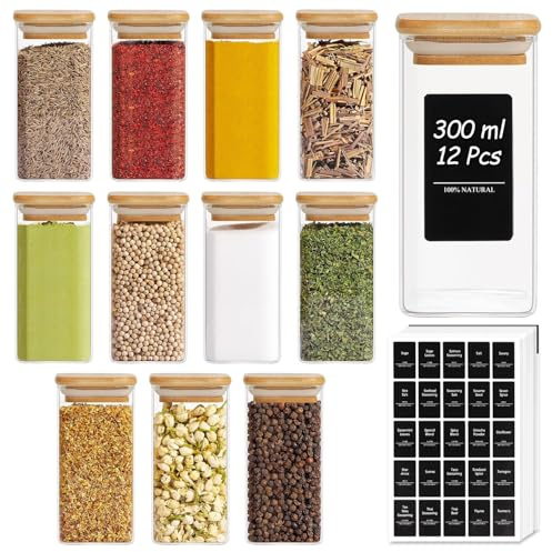 ComSaf 12Pcs Glass Spice Jars with Bamboo Lid, 10oz Airtight Square Containers with 275 Black Lables, Empty Seasoning Jars for Spice Salt Sugar