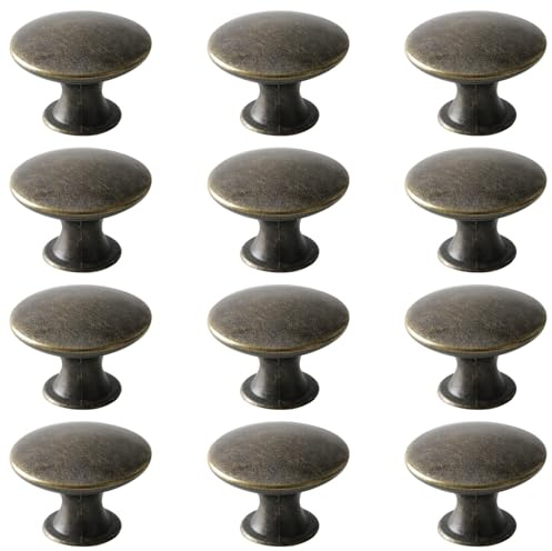Mokife Antique Cupboard Door Knobs Bronze, 12 Pack Round Metal Wardrobe Handles Kitchen Cabinet Pulls with Screws for Chest of Drawers Furniture Dresser Door, 30x21mm