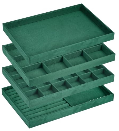 QUARKZMAN Bandeja de Joyería, 4 Juego - Bandeja Apilable para Exhibir Joyas con Tapa, Organizador de Joyas de Terciopelo, Caja de Almacenamiento para Anillos(Verde Oscuro)