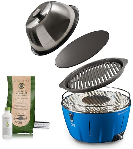 InstaGrill | Barbecue a Carbonella con Griglia in Ghisa, Coperchio cottura forno e Piastra. Da Balcone, Portatile. Include Batteria Ricaricabile, Carbone e Gel per accensione. MASTER GRILLER Blu
