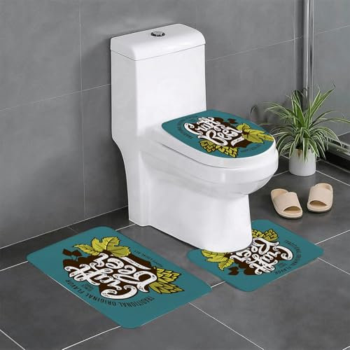 EYLOZS Badezimmerteppich Set 3 Teilig Waschbar rutschfeste Badematte Toilettenmatte Weich Saugfähige Badteppiche,Craft Beer Blätter Hopfen Zweig Natur Getränk Getränkepflanze Selbstgemachtes Ale