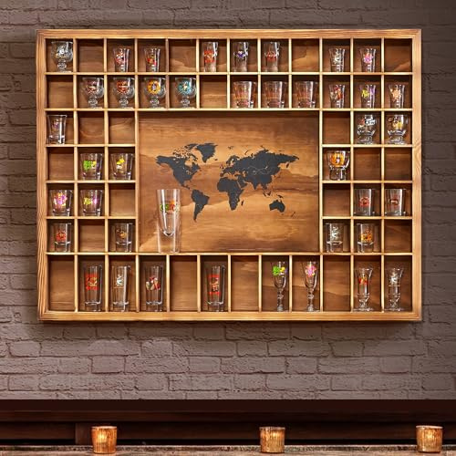 Tristcily Large Shot Glass Display Case with World Map,60 Slots, 34 X 26 Inch Rustic Wood Shot Glass Display Cabinet for 2 Size -In Rooms Bars Wine Cellars with Shot Glasses Jewelry Shell & Keepsakes
