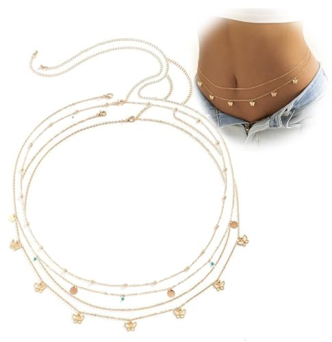 XURJUMI Cadenas de Cintura Doradas,Paquete de 4 Cadenas de Vientre en Capas, Cadenas de Cintura Brillantes,Cadenas de Bikini,Joyería Corporal para Mujeres, Cadenas de Vientre