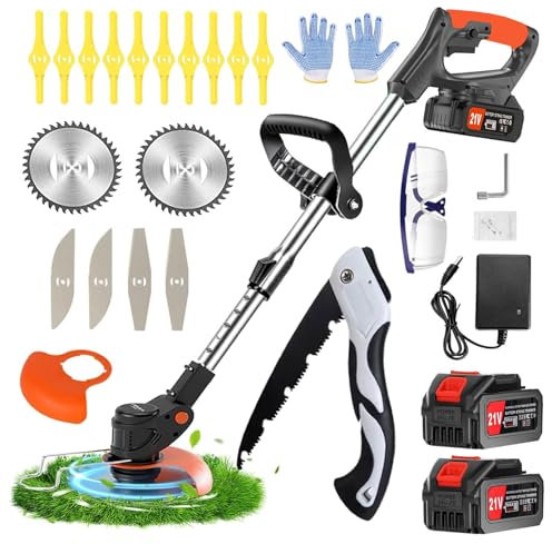 Desbrozadora eléctrica inalámbrica, batería de 21 V, 2,0 A, corte de borde inalámbrico con 2 baterías, 3 hojas, desbrozadora retráctil, apta para jardines y peldaños