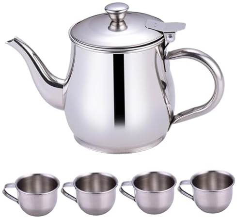 Service à thé pour Enfants Comprenant Une théière Portable à Long Bec en Acier Inoxydable de 330 ML avec Filtre et 4 Tasses de 70 ML pour Enfants en Camping, Cadeaux pour la Maison, Service thé pou