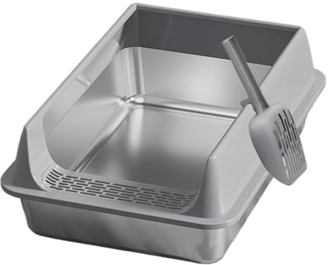 Wuvfojca Bac À Litière pour Chat en Acier Inoxydable avec Pelle Litiere Toilette Chat 40x30x19cm Grande Litière pour Chats Semi-fermée Couvercle Amovible Anti-Odeurs pour Chatons Et Lapins