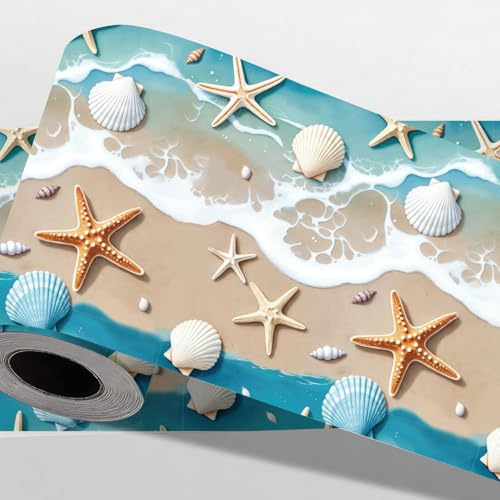 CONCHLERY Oceans Shells Beaches Wallpaper Border 197 Inch | Peel and Stick Seashell Beach Wallpaper Border Removable Vinyl for Bathroom Living Room and Office