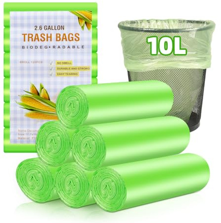 Sacchetti della spazzatura biologici, 10 l, 120 pezzi, sacchetti biologici, resistenti agli strappi e impermeabili, per cucina, cucina, ufficio, soggiorno (W45 x 50 cm, verde)