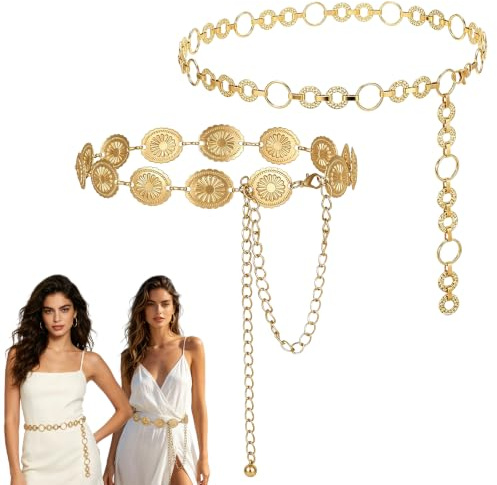 aieieii 2 Pcs Gold Belts for Women, Gold Chain Belts for Women Accessories Fashion Accessories, Body Chain Western Belt Womens Belly Chains Womens Clothing Accessorieses to Daily Decoration
