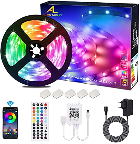 ALED LIGHT Tiras LED 5050 RGB 5m de Longitud 12V Multicolor Control Remoto de 44 Botones y Fuente de Alimentación