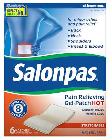 Salonpas Pain Relieving Gel Patch HOT, 6 Count (Pack of 1), Menthol and Capsaicin, Up to 8 Hours Temporary Relief of Backache, Sore Muscle, Sprains, Bruises