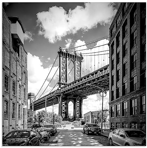 ARTland Wanddeko Glasbilder Wandbild Glas Bild einteilig 50x50 cm Quadratisch New York Brooklyn Skyline Architektur Brücke Manhattan Bridge Monochrom USA Amerika S8SD