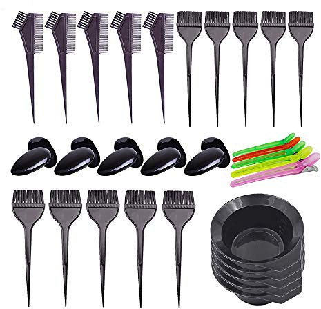 Pcxino 30Pcs 6Sets Hair Dye Color Brush,Bowl,Ear Cover,and Hair Clip Sets,Perfect Tools for DIY Salon Hair Dye Tools Hair Coloring Bleaching,Hair Tint Dying Coloring Applicator