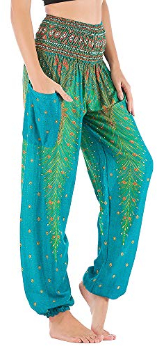 Nuofengkudu Damen Haremshosen High Waist Hippie Muster Baumwolle Pumphosen mit Taschen Leicht Weite Luftige Stoffhose Yogahose Sommerhose Strandhose(Einheitsgröße,H Grün Pfau)