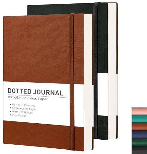 RETTACY Dotted Journal Notebook, 2-Pack, 192 Numbered Pages per Pack, B5 Medium Size (7.6'' × 10''), Leather Softcover, 100 GSM Thick Paper, for Journaling, Planning (Black & Brown)