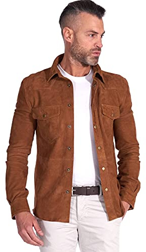 D'Arienzo Chemise Cuir Daim Cognac Homme Blouson Veste Suedine Velours Cuir Véritable Calvin 52/XL/Cognac