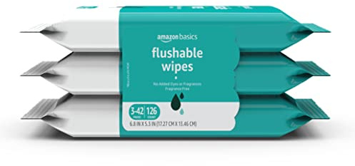 Amazon Basics Adult Wet Wipes Flushable formulated without Fragrance, 126 Count (3 Packs of 42) Packaging May Vary