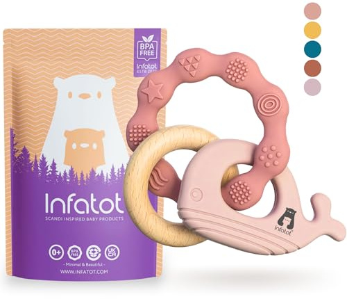 Infatot® Silicone Teether Toys for Babies 0-6 Months – Whale Octo – Baby Teething Toy Soothers & Teethers, Chew Toy for Newborns, BPA-Free Sensory Baby Toy – Pink and Salmon.