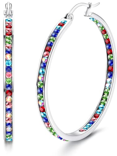 Dimaday Orecchini a Cerchio in Acciaio Inossidabile con Strass Multicolore - Set Gioielli Huggie per Donna 35/40/50mm