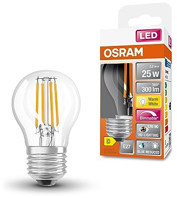 OSRAM SUPERSTAR+ CLASSIC P FIL 25 LED-Lampe, E27, Miniballform, 2,2W, 300lm, 2700K, warmweißes Licht, stark reduzierter Blauanteil, geringere Augenbelastung, dimmbar, geringer Energieverbrauch