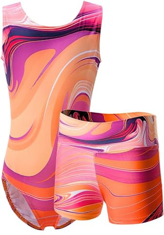 Dancina Turnanzug für Mädchen 2-teiliges Set Gymnastikanzug mit Hose für Kinder 128/134 Apricot/Lila