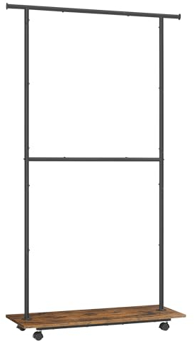 SONGMICS Kleiderständer auf Rollen, Kleiderstange mit Ablage, 2 Stangen, 98,5 cm breit, insgesamt bis 55 kg belastbar, untere Stange höhenverstellbar, Stahl, vintagebraun-tintenschwarz HSR153B01