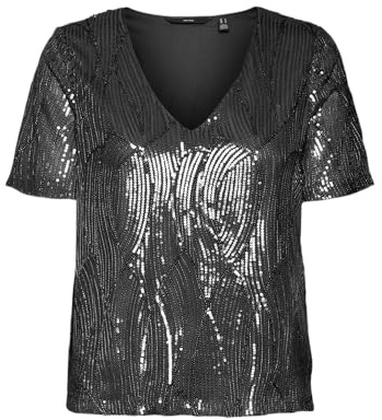VERO MODA Camiseta de Manga Corta para Mujer Vmellen SS con Cuello en V, Negro, L