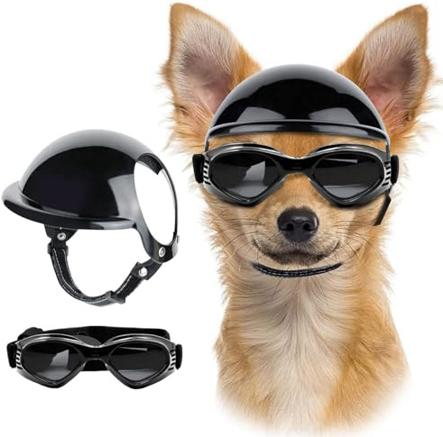 UOSIA Casco e Occhiali per Cani e Gatti di Piccola Taglia, Set di Sicurezza per Animali Domestici, Cappello e Occhiali da Sole per Cani, Motocicletta, Estate, S