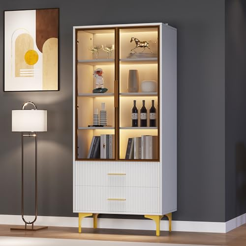 Elegante vetrina in vetro con due ante – 70 x 35 x 150 cm – Porte in vetro, gambe dorate, ripiani mobili, vetrina con luce a LED, armadietto, vetrina in vetro, armadio alto, vetrina