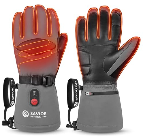SAVIOR HEAT Heated Gloves for Men Heated Ski Gloves 10h Warm 7.4V 3000mAh Battery Thick Lining Waterproof Goatskin Palm Anti Loss Lanyard Outdoor Skiing Snowboarding for Winter (Grey, Large)