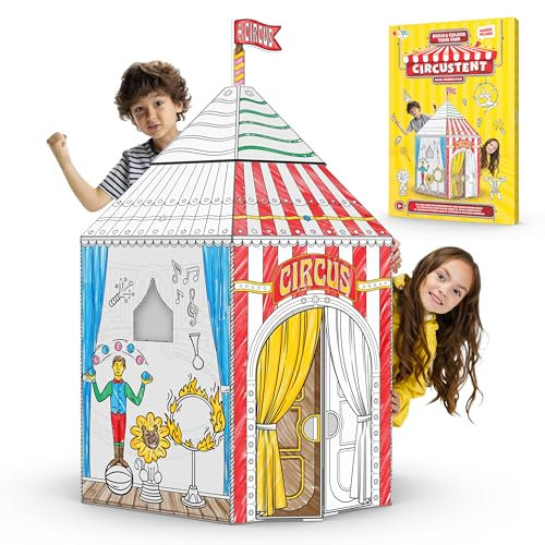 Joya Creative Tente de cirque en carton - Maison de jeu à colorier - Tente créative pour enfant avec motifs de cirque - Favorise l'imagination et le jeu créatif - Montage facile pour la maison