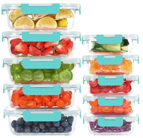 KOMUEE 10 Pack Glass Food Storage Containers, Meal Prep Containers with Lids, Airtight Glass Lunch Boxes, Freezer, Oven, and Microwave Safe, Green