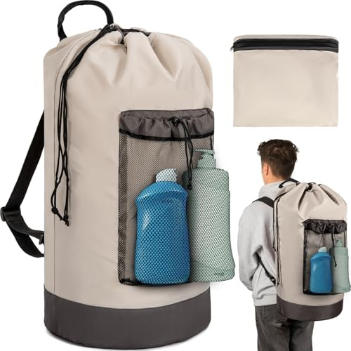 OUUTMEE Grande sacco per la biancheria, impermeabile, da viaggio, pieghevole, con spallacci regolabili, capacità per lavanderia, college, grigio
