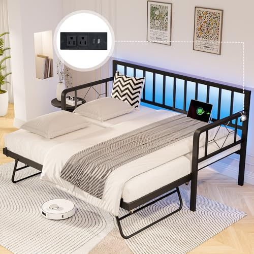 Jocisland DayBed with Charging Station and LED Lights, Metal Twin Daybed with Trundle, Versatile Sofa Bed Frame with Steel Slat Support for Living Room, Bedroom, Guest Room (Pure Black)