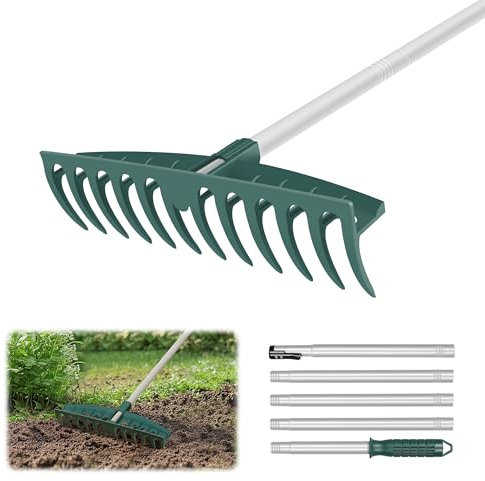 ORIENTOOLS Bogenrechen Robuster Gartenrechen mit Edelstahlgriff, 5-teiliges Metallkopf-Rechen Werkzeug zum Lösen von Boden, Sammeln von Blättern, Nivellieren, Rasen, Landwirtschaft, Landwirtschaft,