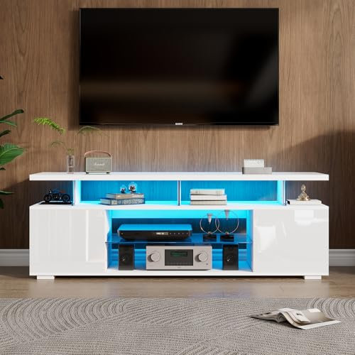 Armario de TV moderno de alto brillo con panel bajo, vitrina con iluminación ambiental, televisor de 60 pulgadas, mesa universal para videojuegos, armarios de almacenamiento y gran espacio de