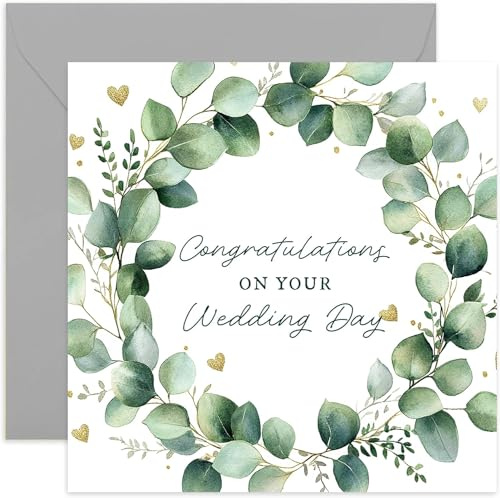 Congratulations on Your Wedding Day Card for Bride and Groom, Eucalyptus Wreath with Gold Hearts, Husband and Wife, Newly Weds, Celerbation Gift on Getting Married - Blank Inside