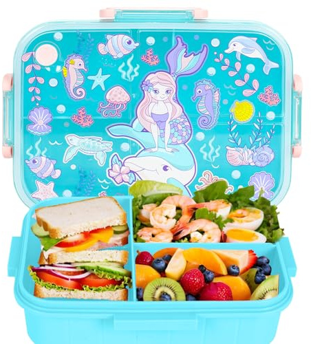 PinkSheep Bento Lunchboxar för barn, 1200 ml, utan BPA, läckagefria, 3 fack, tillbaka till skolan, ungdomar och flickor (sirena)
