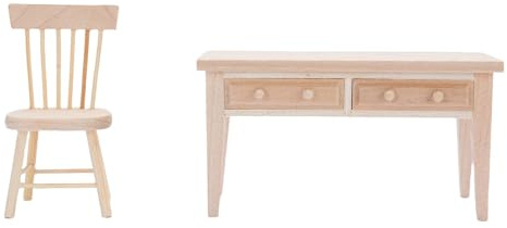 HELEVIA Dollhouse Mini Möbel, Miniatur -Schreibtischstuhl Set, Holz 1:12 Model Tischspielzeug für Zuhause