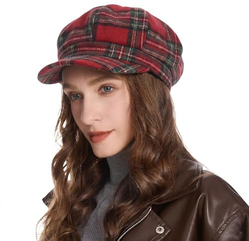 ZYLC Casquette chaude à visière Béret Bonnet d'hiver Bonnet ballon Design classique, Motif tartan rouge, taille unique