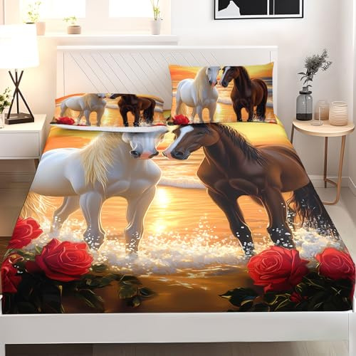 AILONEN Horse Bed Sheets Set for Bedroom Decor, Queen Size,Brown & White Horses Bedding Sets for Kids Teens Adults,3D Farm Animal Fitted Sheet Set,3-Piece,1 Deep Pocket + 2 Pillowcase