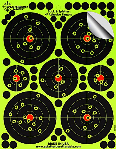 25 Pack - 4 Stick & Splatter - Adhesive SPLATTERBURST Shooting Target - Instantly See Your Shots Burst Bright Fluorescent Yellow Upon Impact - Great for all firearms, BB & Pellet guns