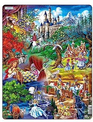 Larsen Puzzle US24 – Märchen der Gebrüder Grimm, Alter 4–7, Rahmenpuzzle für Kinder, 33 Teile, märchenhaftes Lernspiel, Figurenstücke, stabiles Tablettdesign