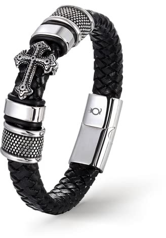 UNIQAL | Kreuz Leder Armband GLORY Cross Bracelet | Geschenk Box | Magnetverschluss (Silber, 19)