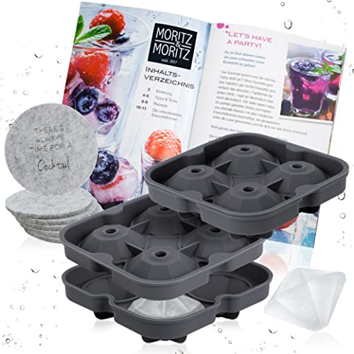 Moritz & Moritz Eiswürfelform Diamant 2er Set Silikon 8 Eisdiamanten | Eiswürfelbehälter je 13 x 13 cm für je 4 Diamanten, -20 bis +220 Grad, inkl. 6 Filz-Untersetzer und Rezeptheft