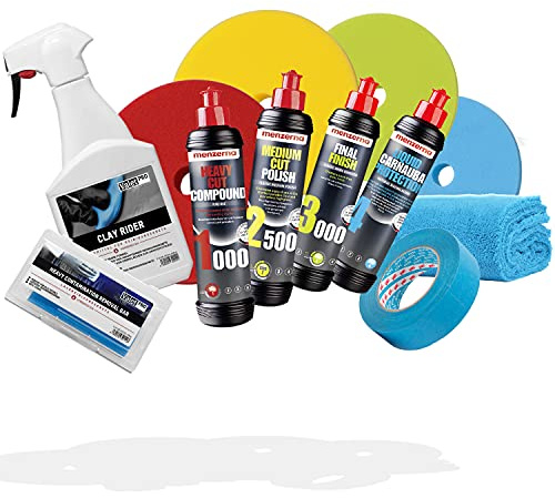 detailmate Bilpoleringsset: menzerna polering 250 ml + menzerna flytande Carnauba-vax 250 ml + garage freaks pads + ValetPRO Clay Rider 500 ml + rengöringslera + tillbehör